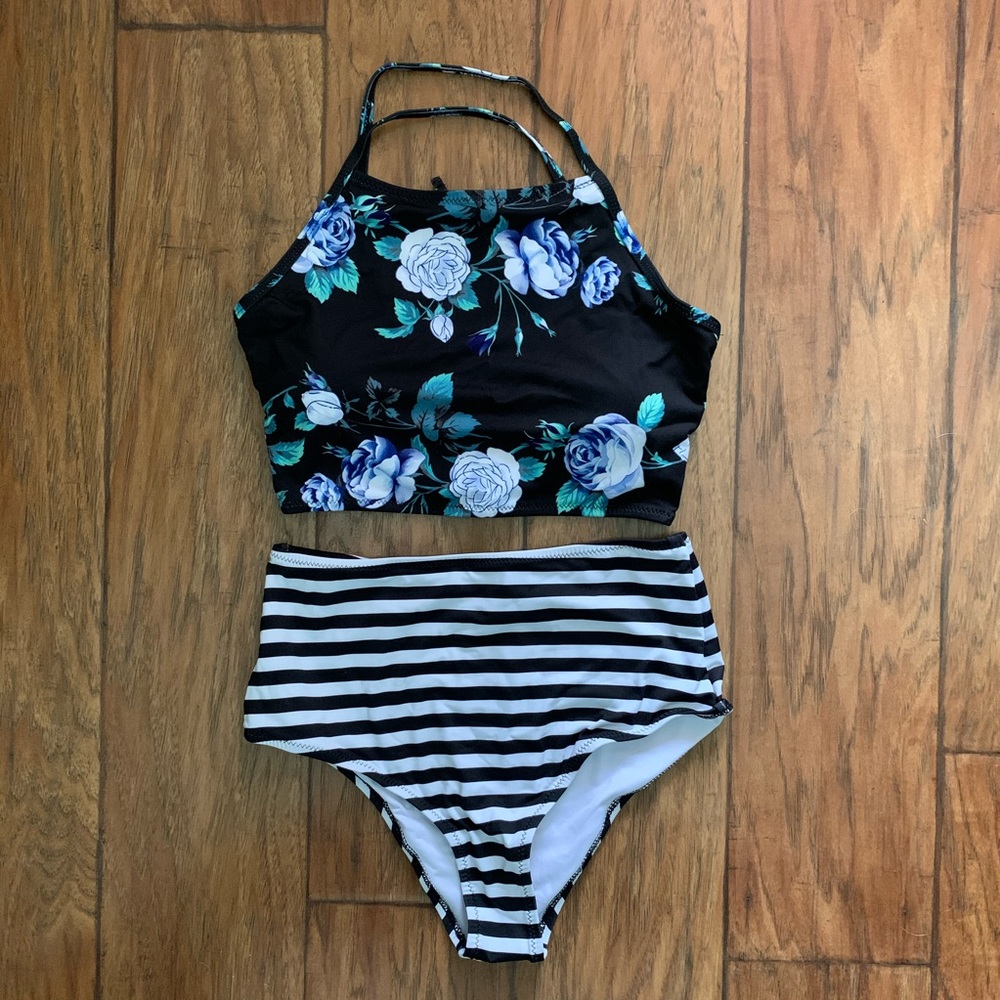 NWT floral and stripe high neck bikini
